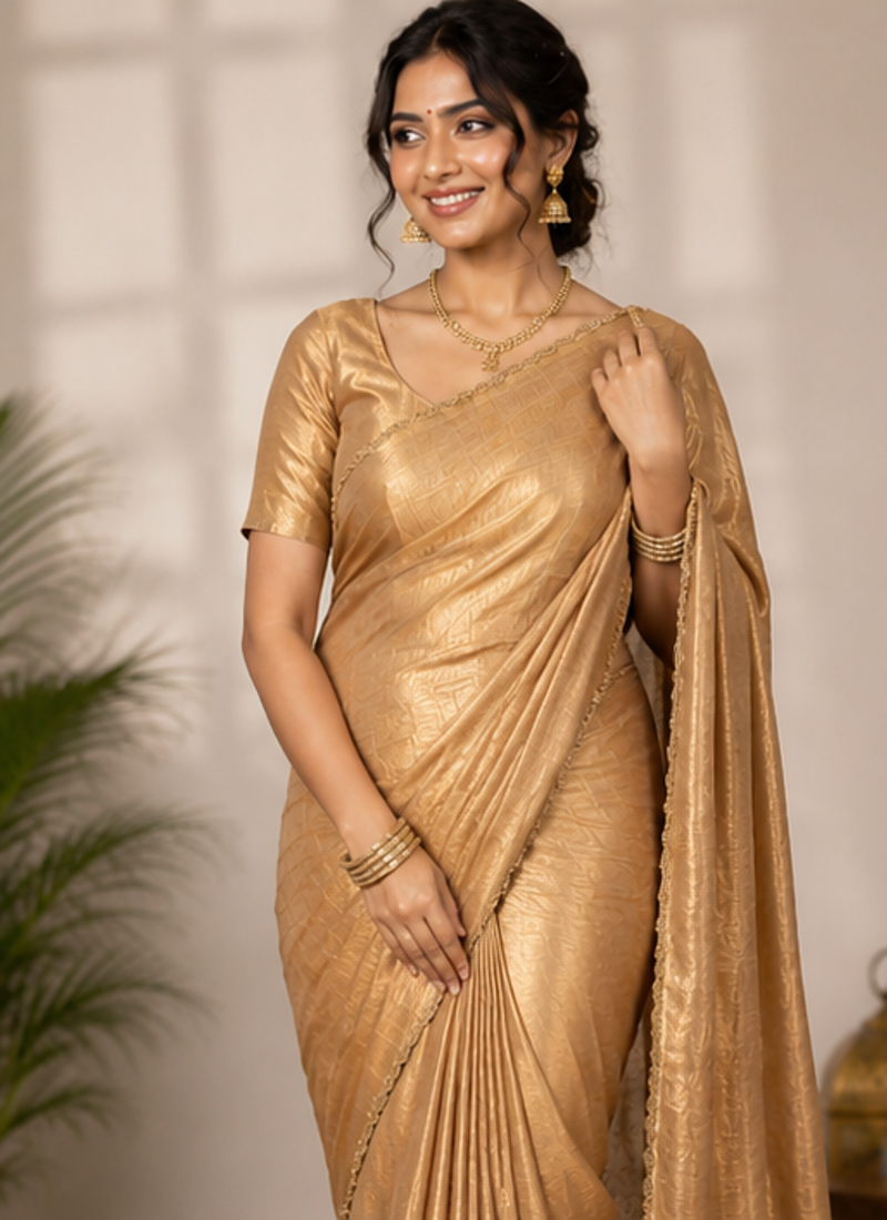 Cream Color alpha with beads hand work rich border work Chiffon Saree