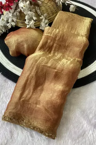Cream Color alpha with beads hand work rich border work Chiffon Saree