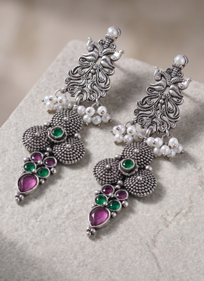 Oxidized silver-tone ethnic dangle earrings with faux pearls and jewel-toned stones 2