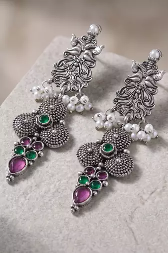 Oxidized silver-tone ethnic dangle earrings with faux pearls and jewel-toned stones