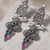 Oxidized silver-tone ethnic dangle earrings with faux pearls and jewel-toned stones