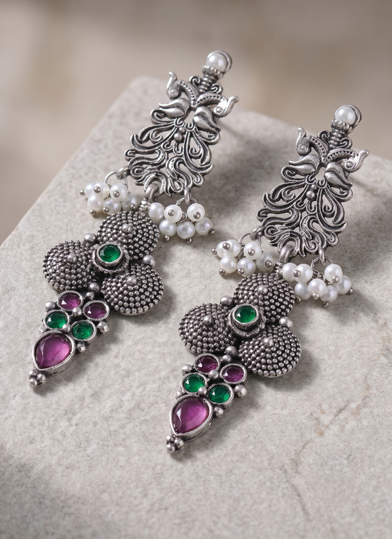 Oxidized silver-tone ethnic dangle earrings with faux pearls and jewel-toned stones