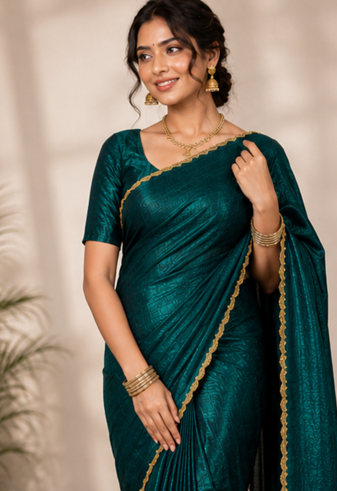 Dark Green Color alpha with beads hand work rich border work Chiffon Saree