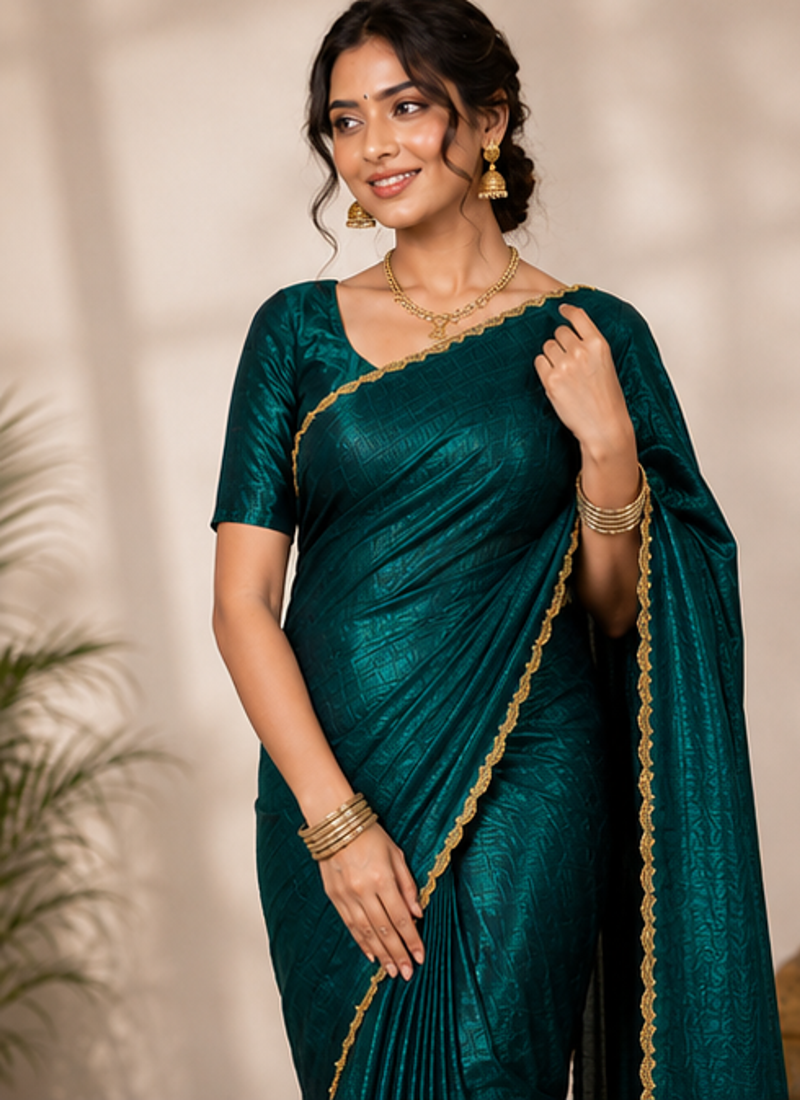 Dark Green Color alpha with beads hand work rich border work Chiffon Saree