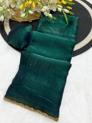 Dark Green Color alpha with beads hand work rich border work Chiffon Saree 4