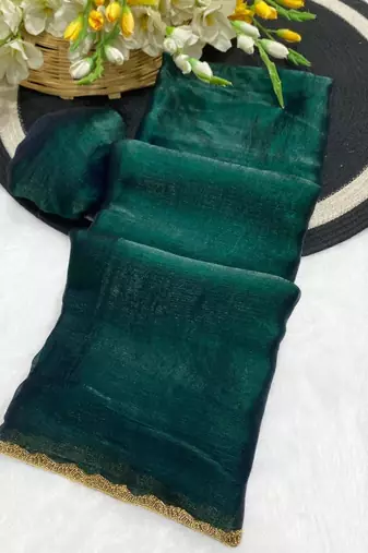 Dark Green Color alpha with beads hand work rich border work Chiffon Saree