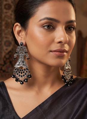 Oxidized silver-tone statement chandelier earrings with black stone accents 1