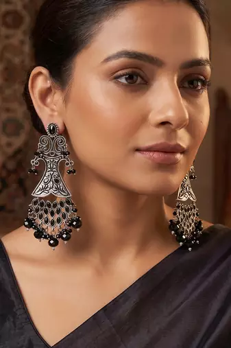 Oxidized silver-tone statement chandelier earrings with black stone accents