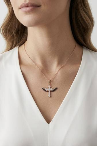 925 Sterling Silver Black & White CZ Winged Cross Pendant Necklace Set for Women