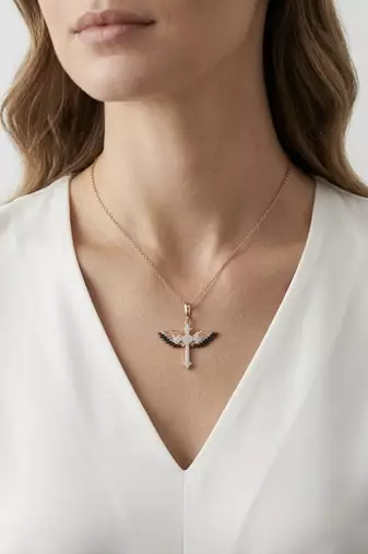 925 Sterling Silver Black & White CZ Winged Cross Pendant Necklace Set for Women