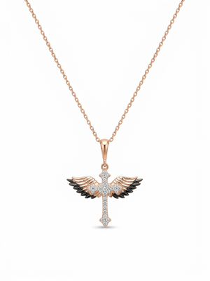 925 Sterling Silver Black & White CZ Winged Cross Pendant Necklace Set for Women 2