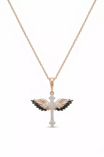 925 Sterling Silver Black & White CZ Winged Cross Pendant Necklace Set for Women
