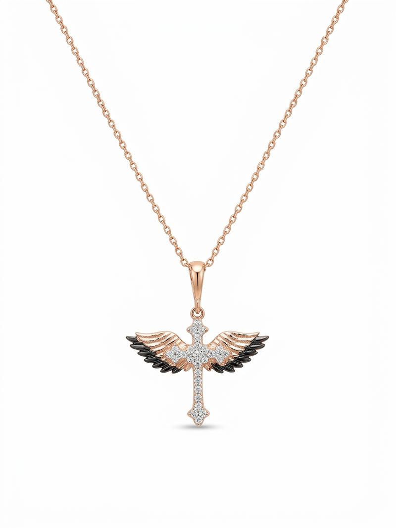 925 Sterling Silver Black & White CZ Winged Cross Pendant Necklace Set for Women