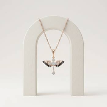 925 Sterling Silver Black & White CZ Winged Cross Pendant Necklace Set for Women 3