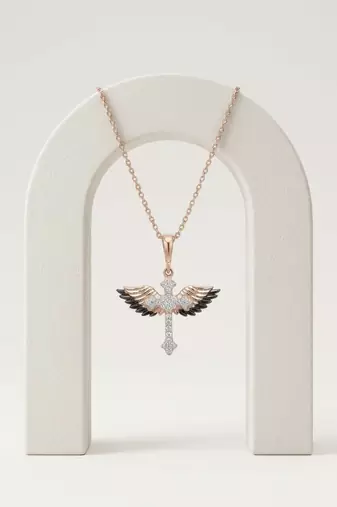 925 Sterling Silver Black & White CZ Winged Cross Pendant Necklace Set for Women