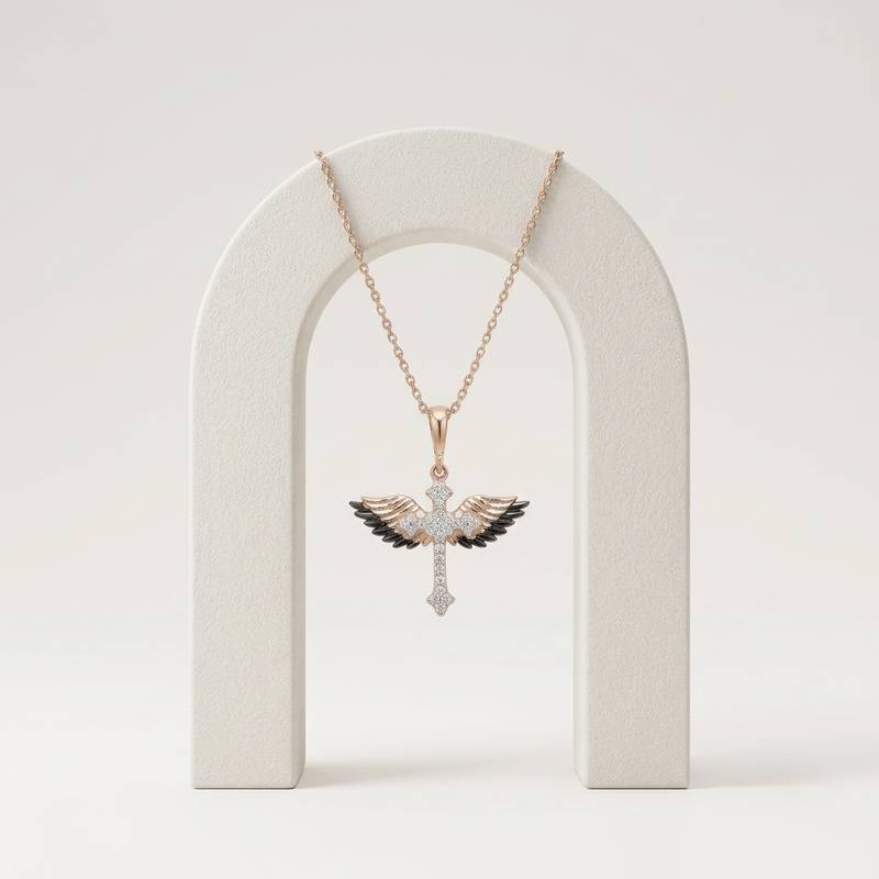 925 Sterling Silver Black & White CZ Winged Cross Pendant Necklace Set for Women
