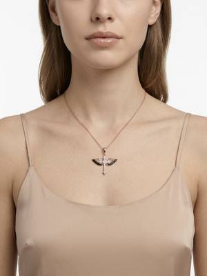 925 Sterling Silver Black & White CZ Winged Cross Pendant Necklace Set for Women 4