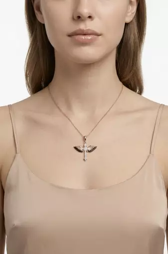 925 Sterling Silver Black & White CZ Winged Cross Pendant Necklace Set for Women