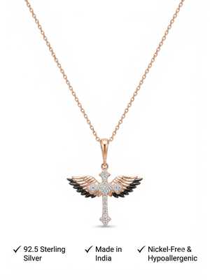 925 Sterling Silver Black & White CZ Winged Cross Pendant Necklace Set for Women 5