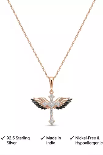 925 Sterling Silver Black & White CZ Winged Cross Pendant Necklace Set for Women