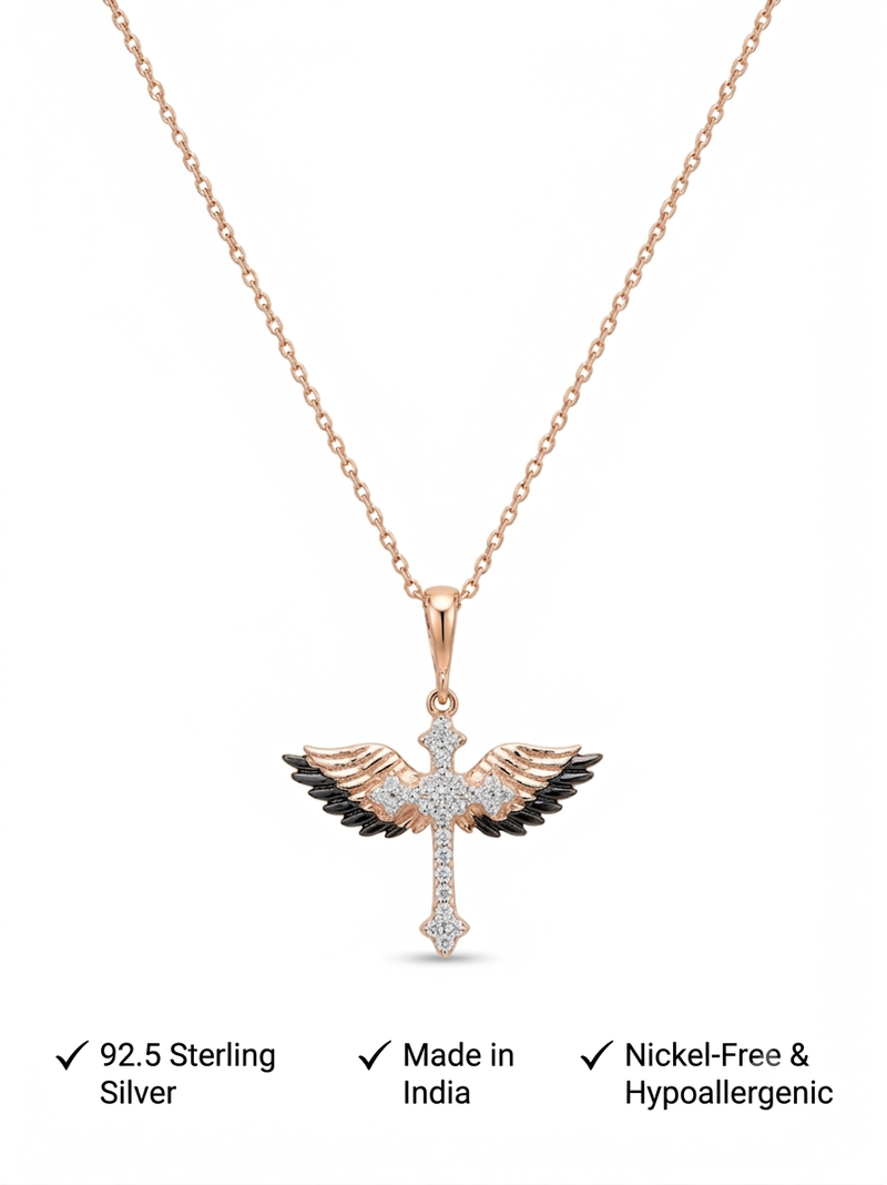 925 Sterling Silver Black & White CZ Winged Cross Pendant Necklace Set for Women