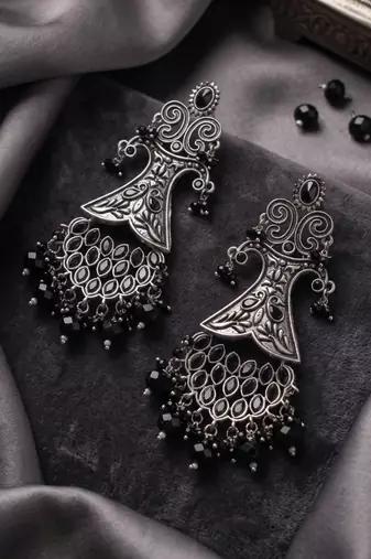 Oxidized silver-tone statement chandelier earrings with black stone accents