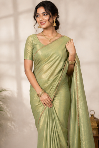 Green Color alpha with beads hand work rich border work Chiffon Saree