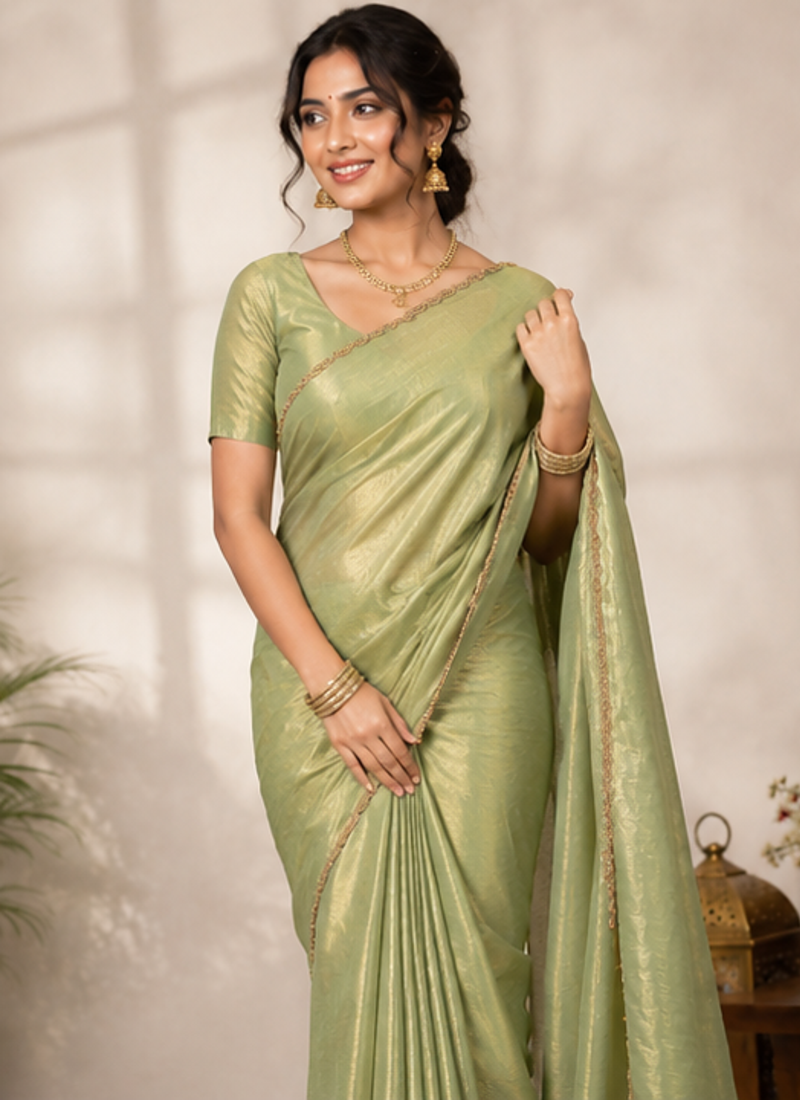 Green Color alpha with beads hand work rich border work Chiffon Saree