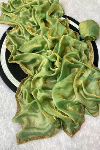 Green Color alpha with beads hand work rich border work Chiffon Saree