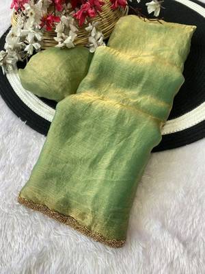 Green Color alpha with beads hand work rich border work Chiffon Saree 4
