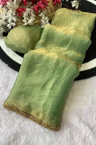 Green Color alpha with beads hand work rich border work Chiffon Saree