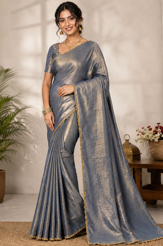 Grey Color alpha with beads hand work rich border work Chiffon Saree