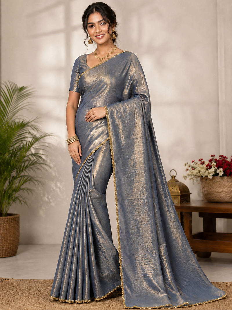 Grey Color alpha with beads hand work rich border work Chiffon Saree