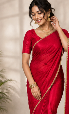 Light Red Color alpha with beads hand work rich border work Chiffon Saree