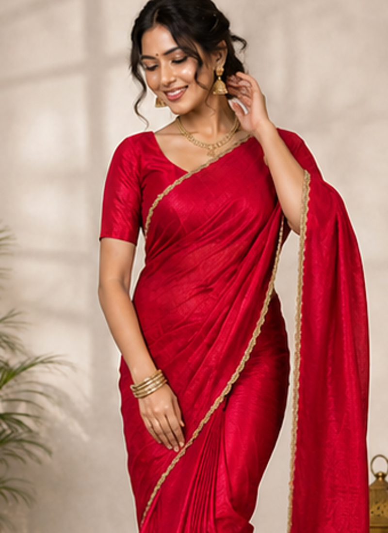 Light Red Color alpha with beads hand work rich border work Chiffon Saree