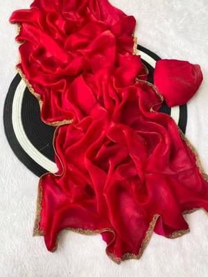 Light Red Color alpha with beads hand work rich border work Chiffon Saree 3