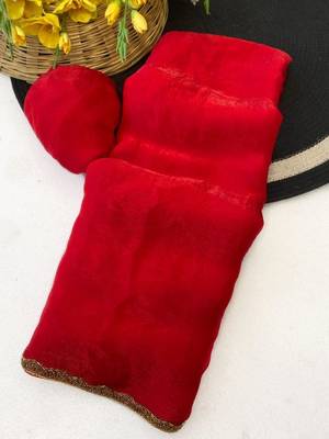 Light Red Color alpha with beads hand work rich border work Chiffon Saree 4
