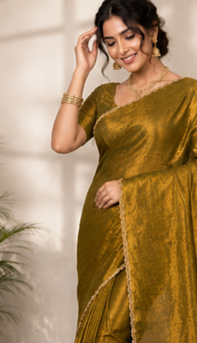 Olive Color alpha with beads hand work rich border work Chiffon Saree