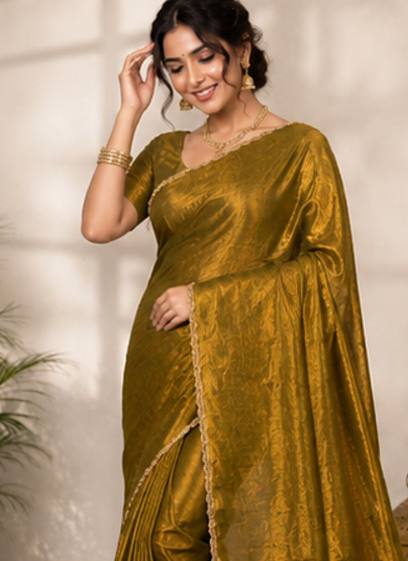 Olive Color alpha with beads hand work rich border work Chiffon Saree