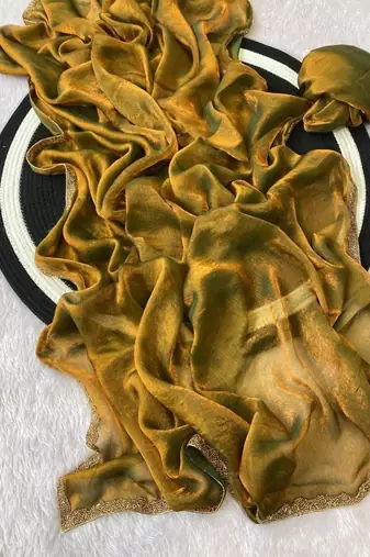 Olive Color alpha with beads hand work rich border work Chiffon Saree