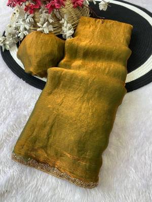 Olive Color alpha with beads hand work rich border work Chiffon Saree 4