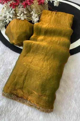 Olive Color alpha with beads hand work rich border work Chiffon Saree