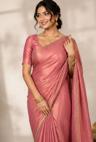 Peach Color alpha with beads hand work rich border work Chiffon Saree