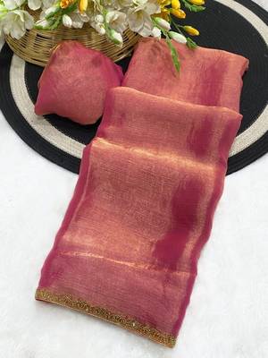 Peach Color alpha with beads hand work rich border work Chiffon Saree 4
