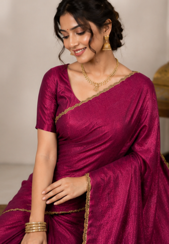 Plum Color alpha with beads hand work rich border work Chiffon Saree