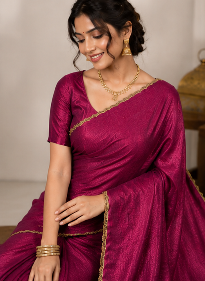 Plum Color alpha with beads hand work rich border work Chiffon Saree