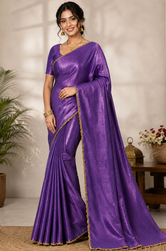 Purple Color alpha with beads hand work rich border work Chiffon Saree