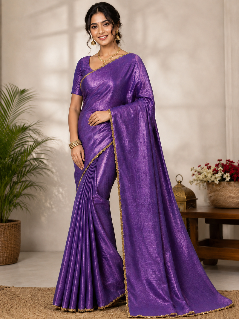 Purple Color alpha with beads hand work rich border work Chiffon Saree