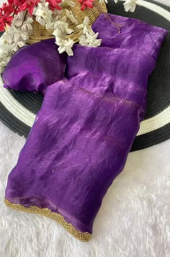 Purple Color alpha with beads hand work rich border work Chiffon Saree