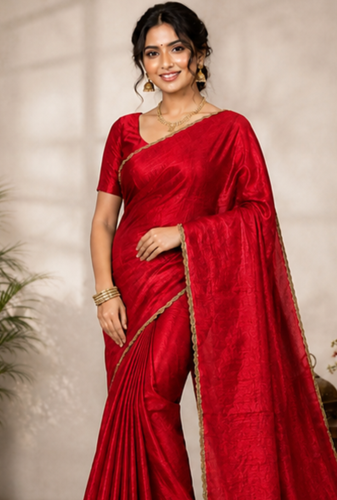 Red Color alpha with beads hand work rich border work Chiffon Saree